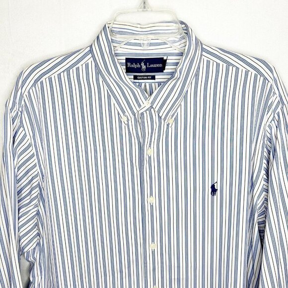 Ralph Lauren Shirt White Blue Striped Pony Button-Up Custom Fit Oxford Sz XL - Picture 1 of 8
